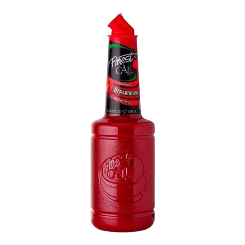 Red plastic bottle of Finest Call Strawberry Margarita cocktail mixer on white background with black label and red pour spout