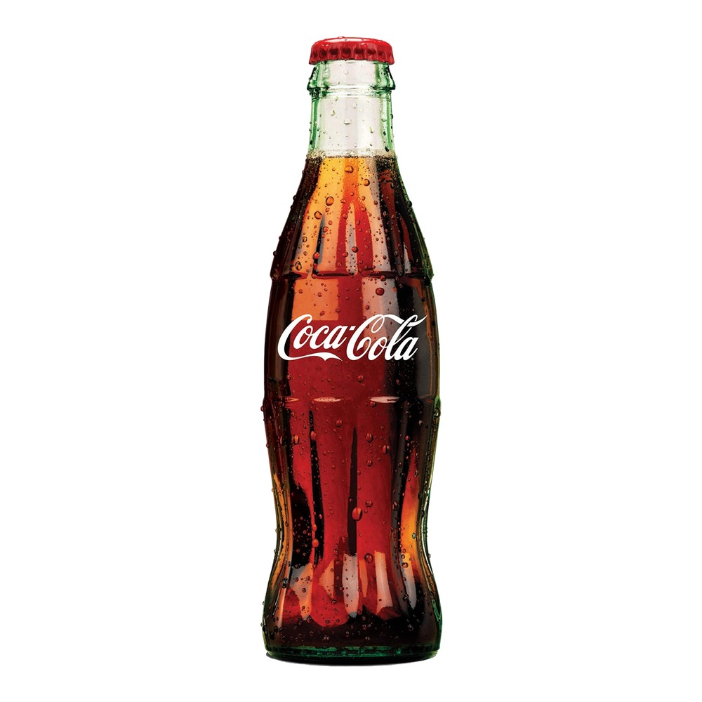 A classic glass Coca-Cola bottle with condensation droplets, featuring the iconic white Coca-Cola logo on a red label and a red metal cap, shot against a white background.
