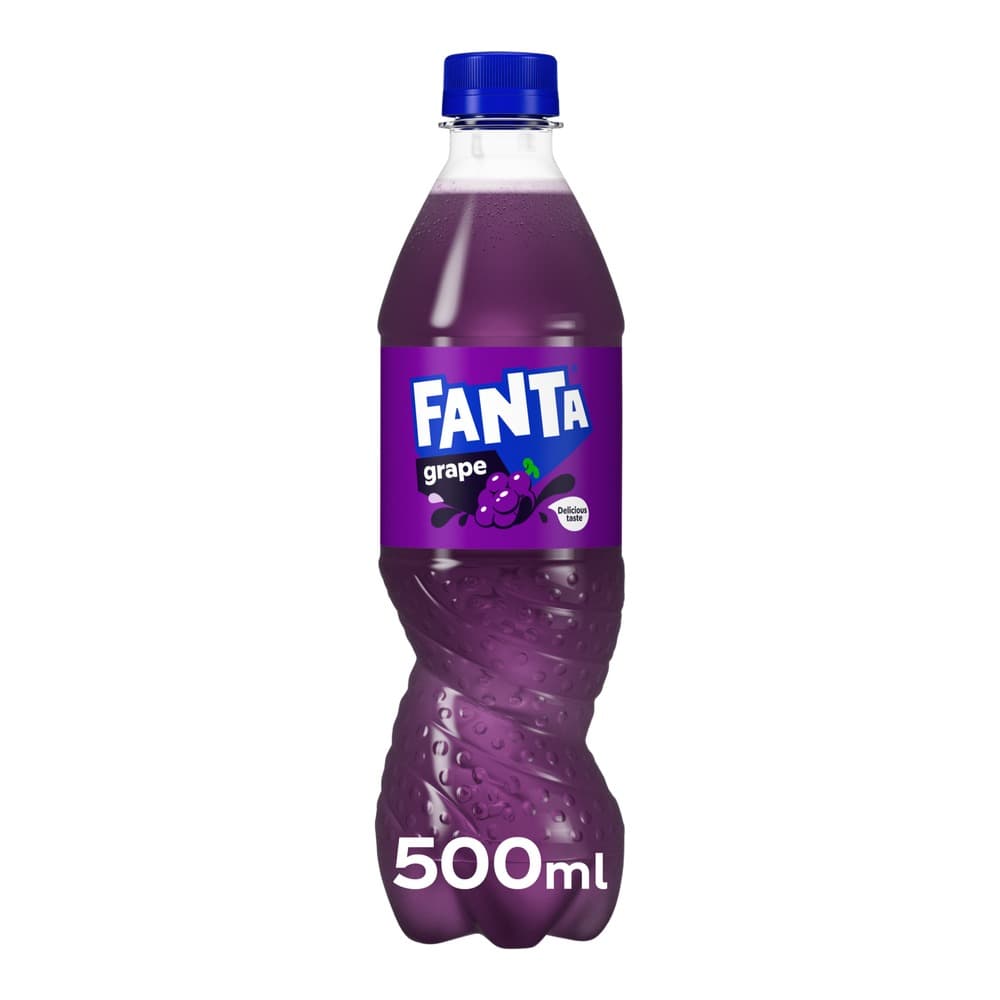 A 500ml bottle of Fanta Grape soft drink with a blue cap and purple label featuring the Fanta logo and grape imagery, photographed against a white background.
