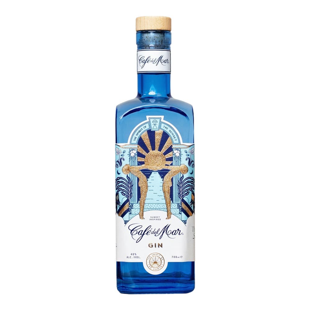 A bottle of Café del Mar Gin with blue glass, wooden cork, and decorative label featuring golden sun motif on white background