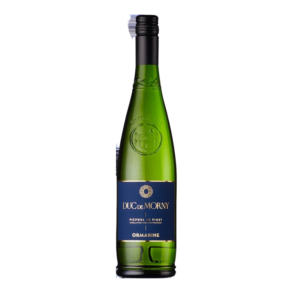 A bottle of Duc de Morny Picpoul de Pinet white wine with a dark cap and blue label, displayed against a plain white background.