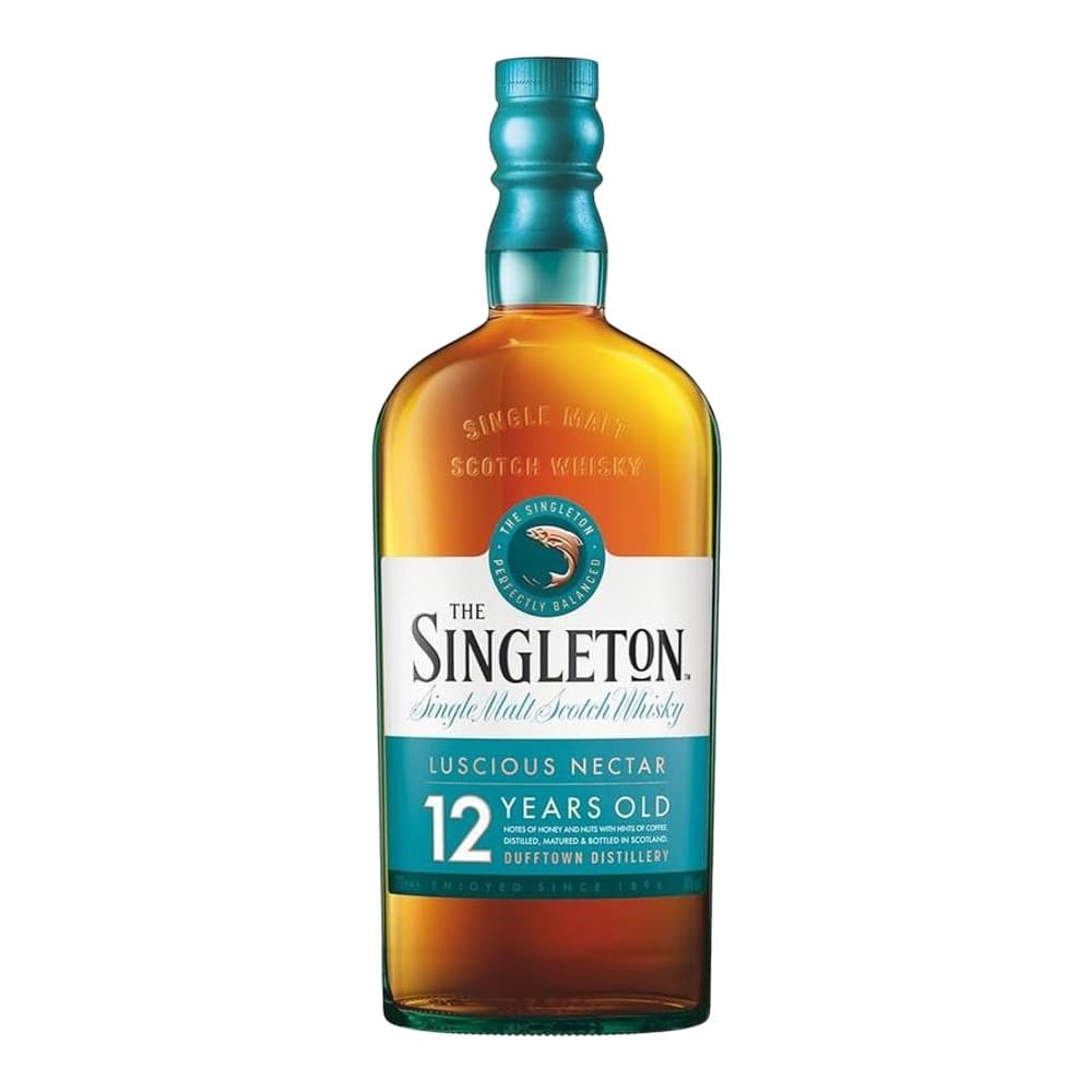 A bottle of The Singleton 12 Years Old Single Malt Scotch Whisky with a teal cap and label on a white background.