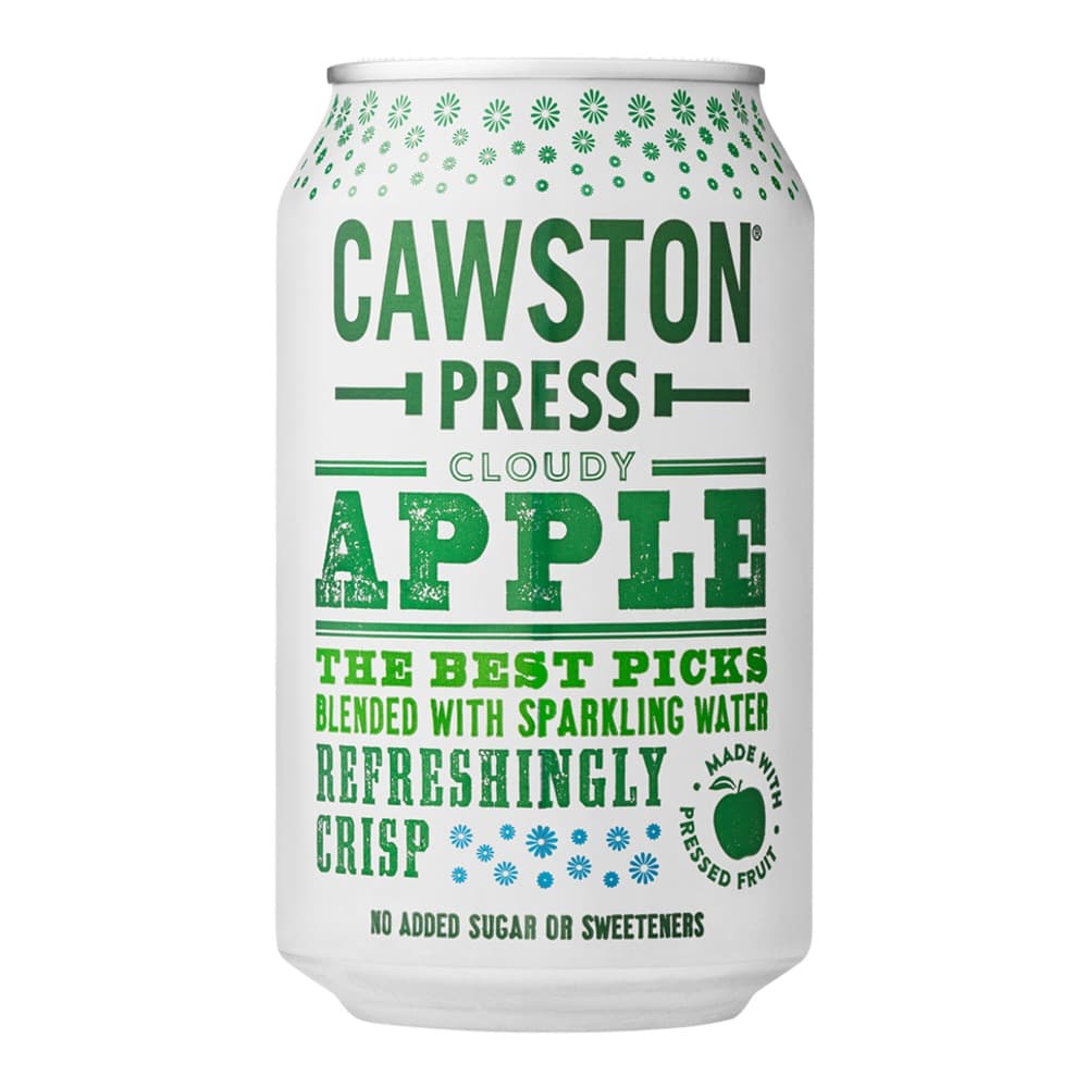 White aluminium can of Cawston Press Cloudy Apple drink with green text and floral design elements on a white background
