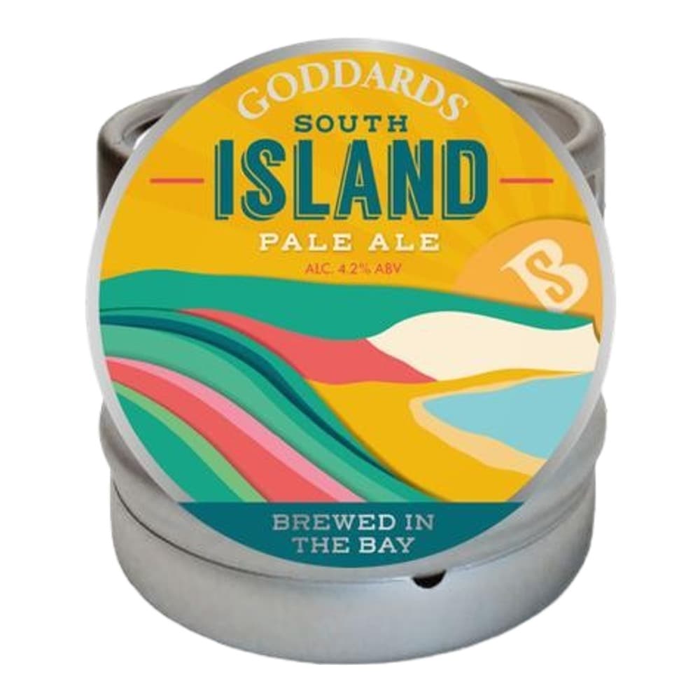 A silver Goddards South Island Pale Ale keg with a vibrant yellow, teal, and coral circular label on a white background.