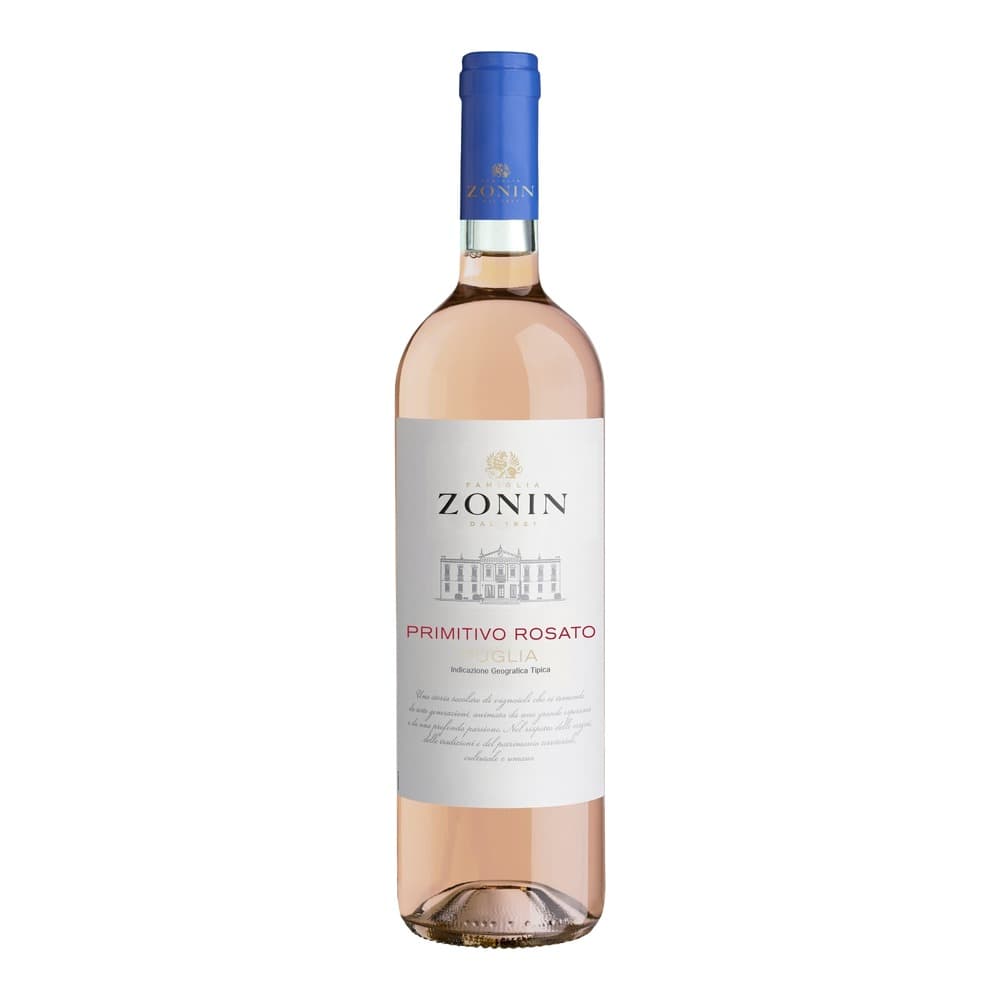 A bottle of Zonin Famiglia Primitivo Rosato rosé wine with a blue foil cap and white label featuring an ornate building illustration, photographed against a white background.