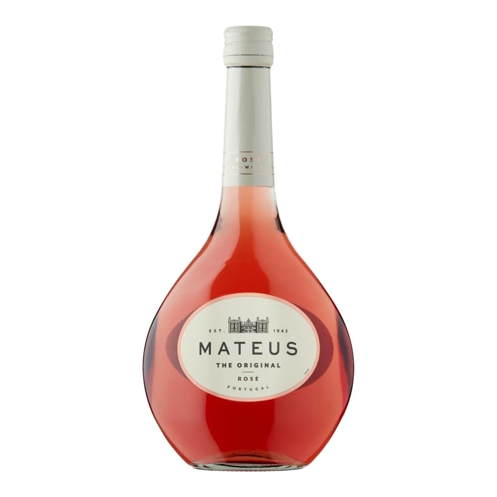 A bottle of Mateus The Original Rosé wine from Portugal against a plain white background, featuring a cream-coloured label with architectural imagery.