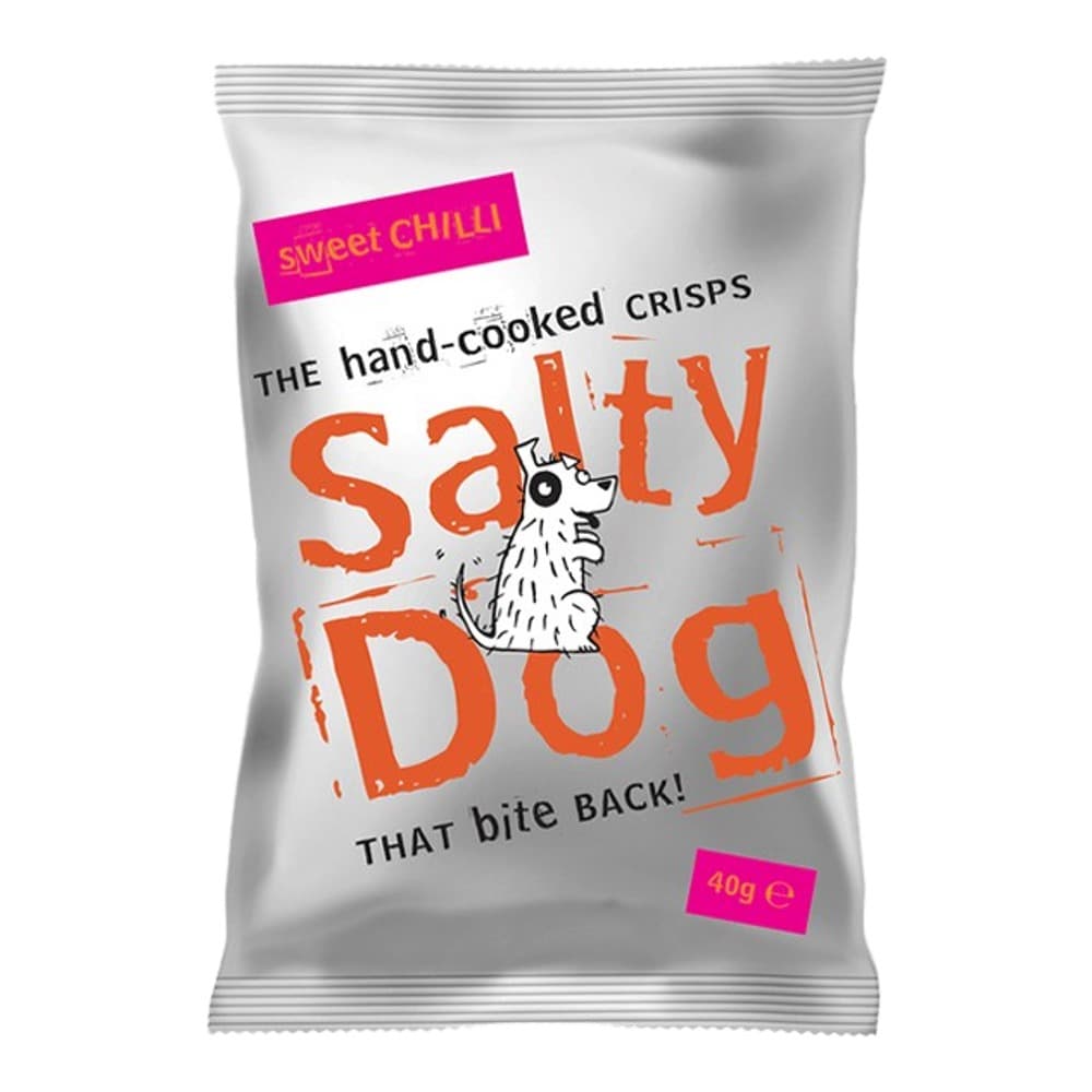 Front-facing product image of Salty Dog Sweet Chilli flavoured hand-cooked crisps packet on white background with prominent branding and text.