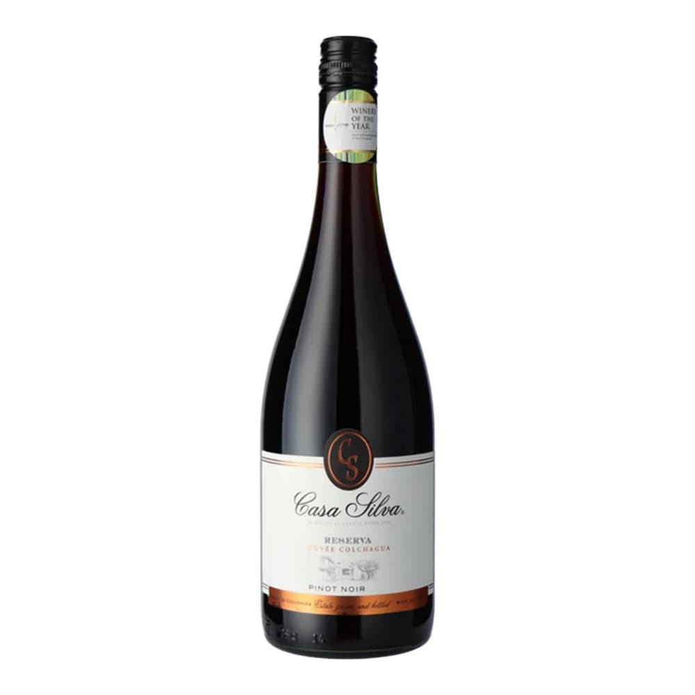 A bottle of Casa Silva Reserva Pinot Noir red wine with a white label and orange band, photographed against a plain white background.