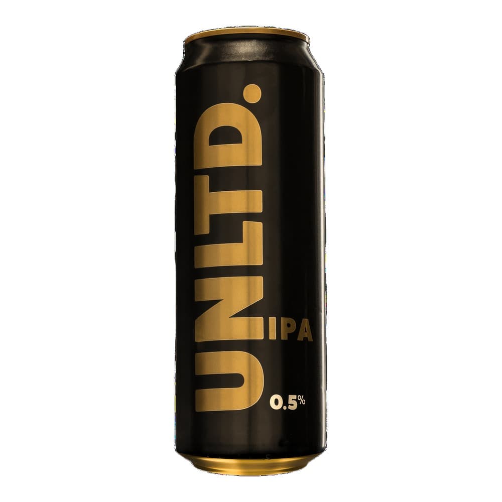 Black and gold cylindrical beer can with Uproar IPA branding and 0.5% alcohol content displayed on white background