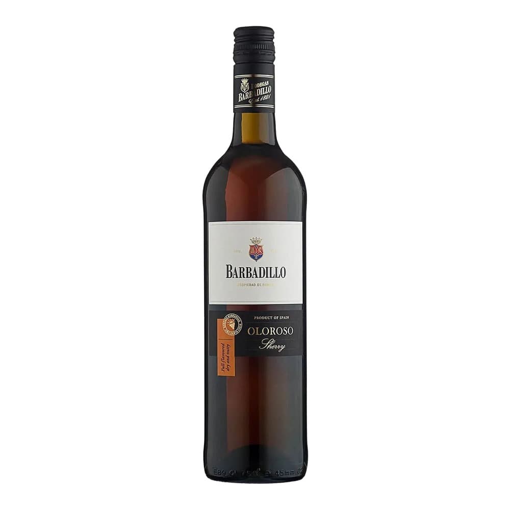 A bottle of Barbadillo Oloroso Sherry from Spain with a dark amber liquid, cream-coloured label, and black cap, isolated against a white background.