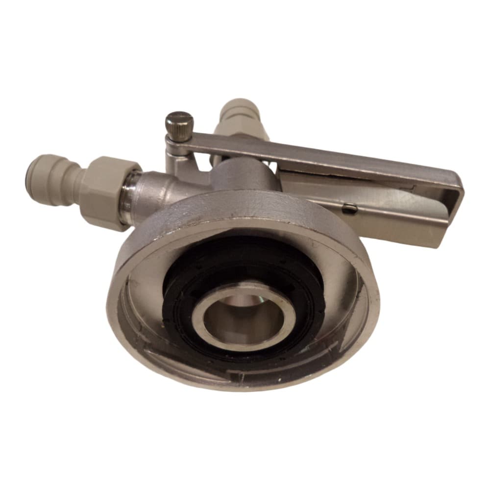 A close-up of a plastic toilet fill valve and float mechanism isolated on a white background.
