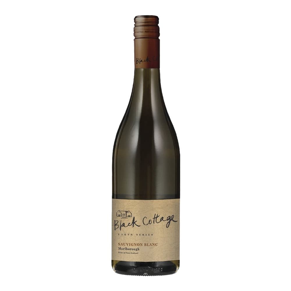 A bottle of Black Cottage Sauvignon Blanc from Marlborough, New Zealand, displayed against a plain white background.