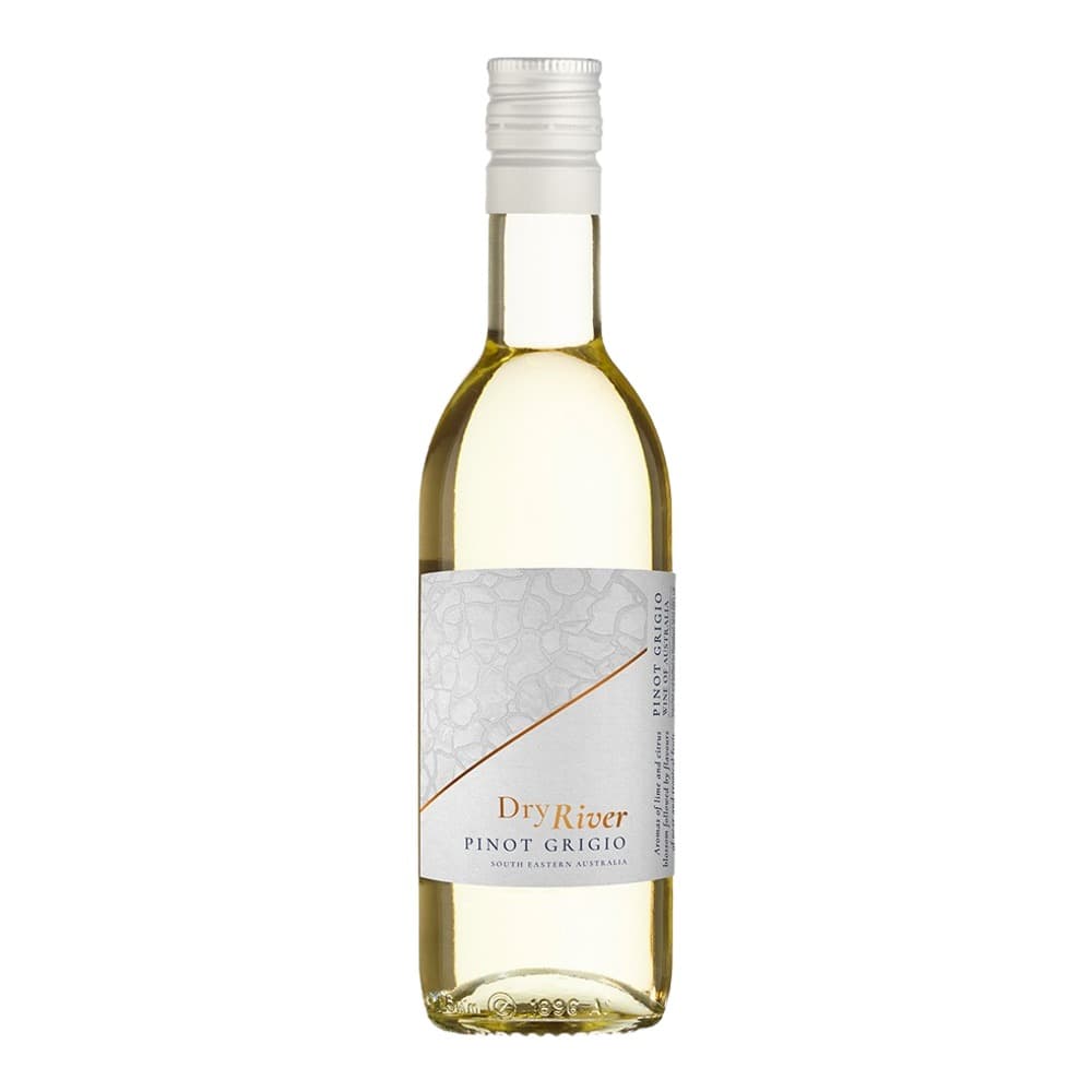 A bottle of Dry River Pinot Grigio white wine from South Eastern Australia, isolated on a white background