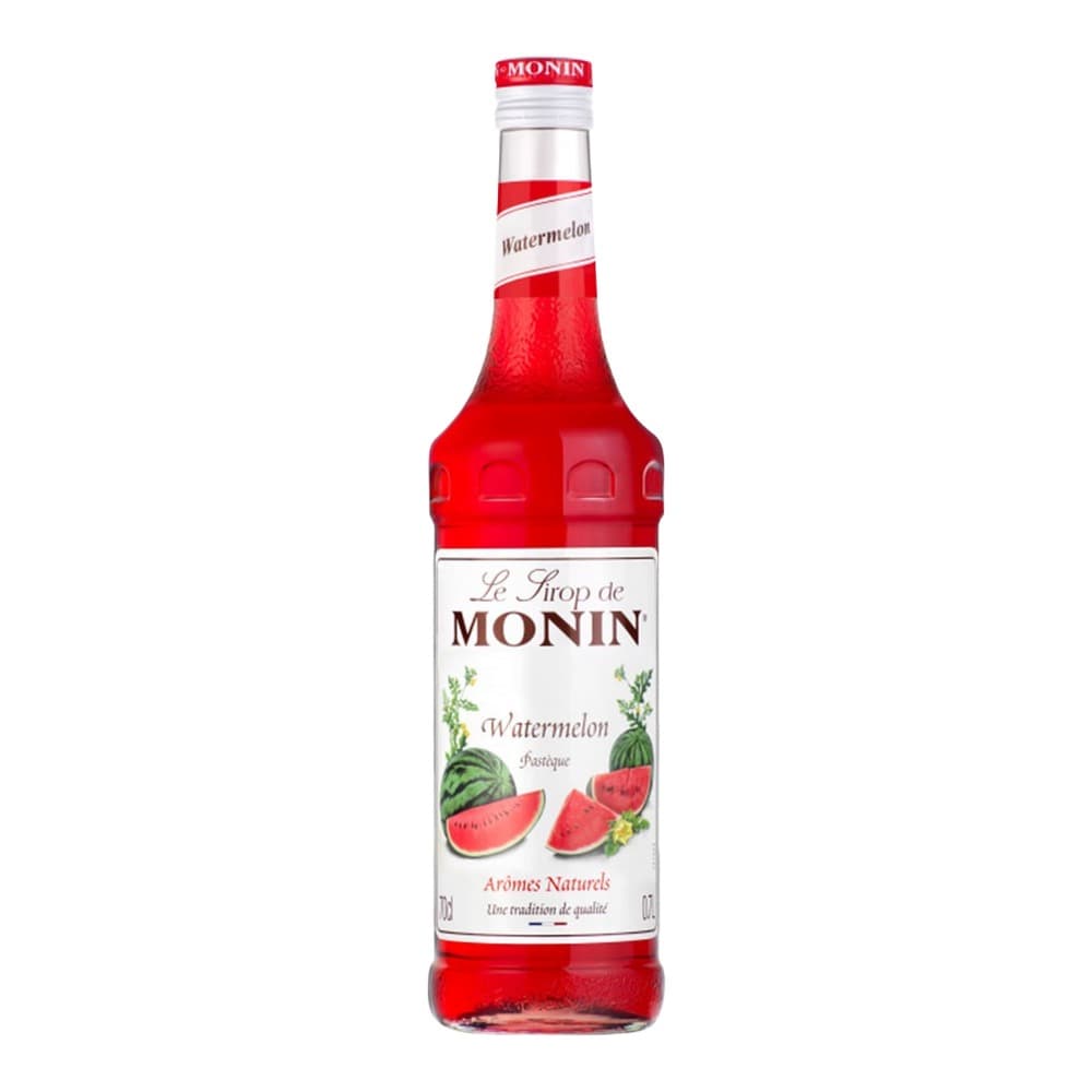 A bottle of Monin watermelon flavoured syrup with red liquid, white cap, and a label featuring watermelon imagery against a white background.