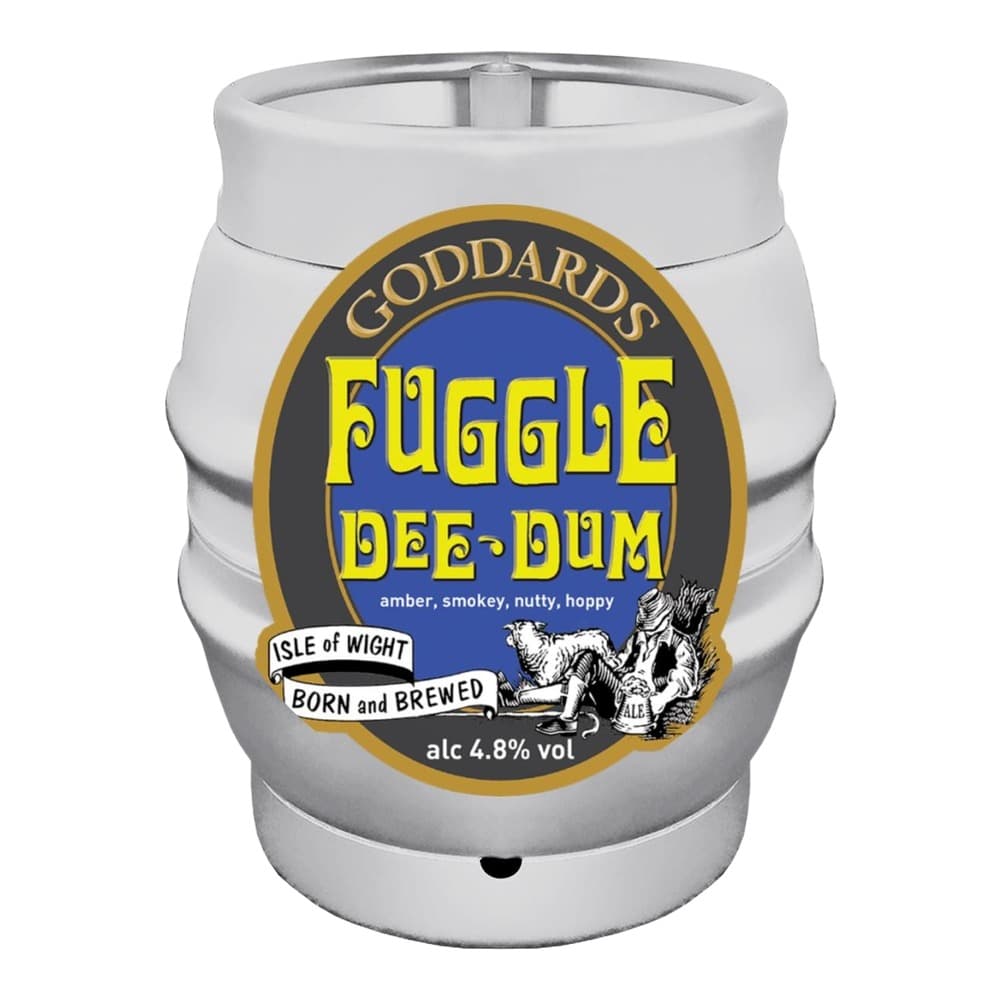 A white metal beer keg with a circular label featuring the Goddards Fuggle Dee-Dum ale branding in yellow and blue, with gold trim and Isle of Wight origin text.