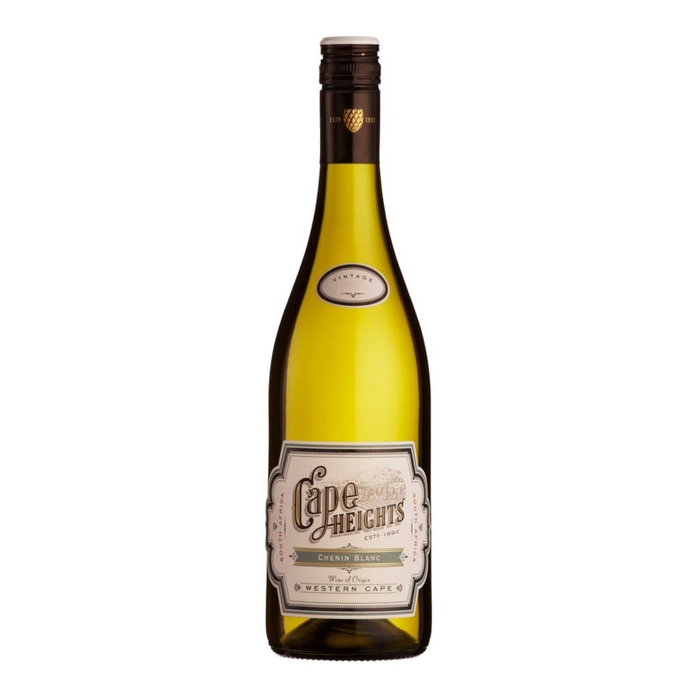 A bottle of Cape Heights Chenin Blanc white wine from Western Cape against a white background.