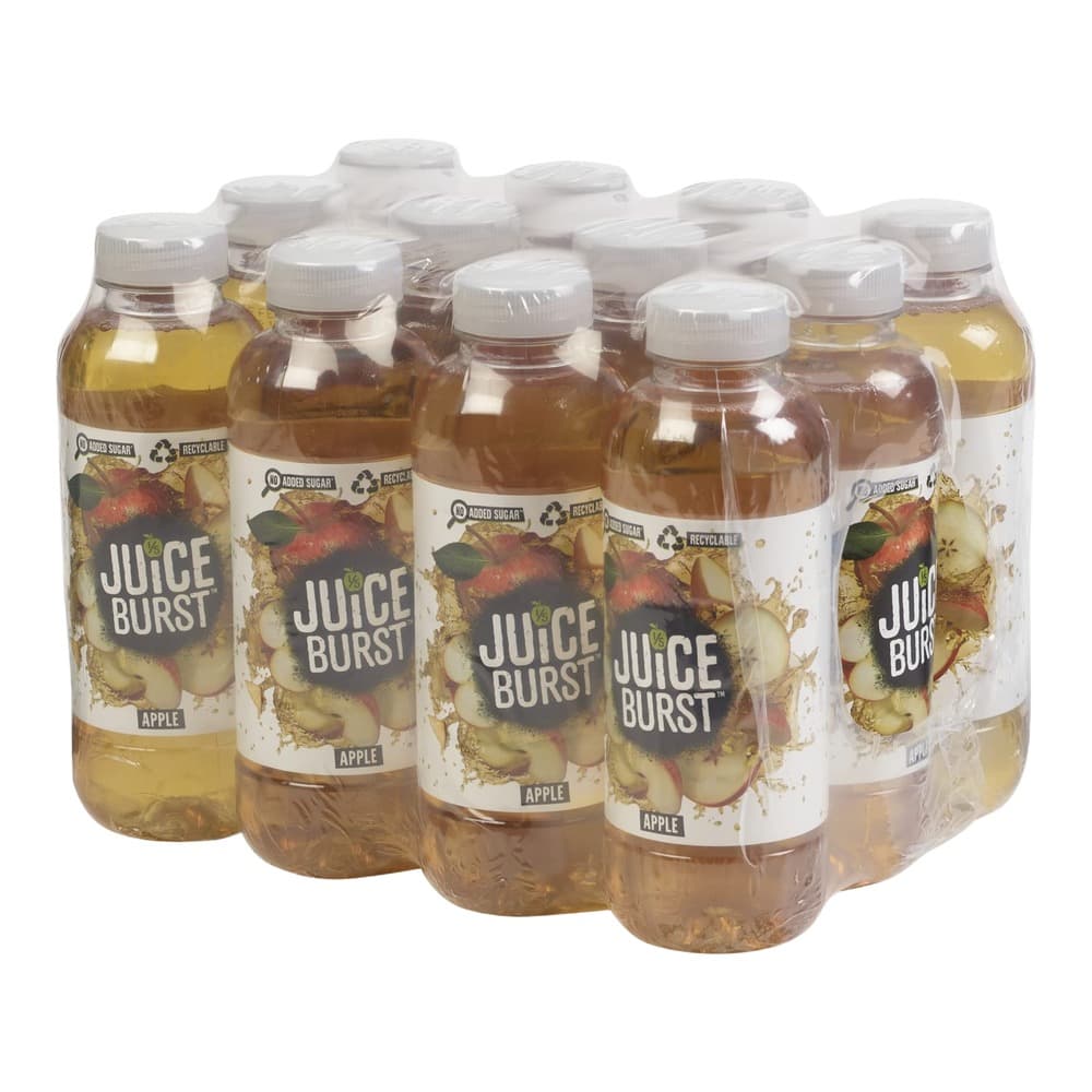 A cluster of Juice Burst apple juice bottles with white caps arranged on a white background, showing the branded labels with apple imagery.