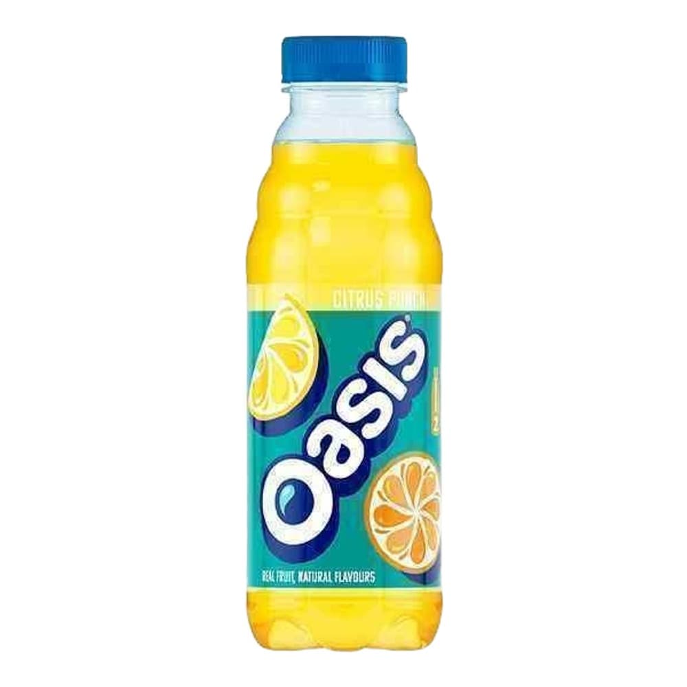 A bottle of Oasis citrus fruit juice drink with a blue cap on a white background, featuring yellow liquid and citrus fruit imagery on the label.