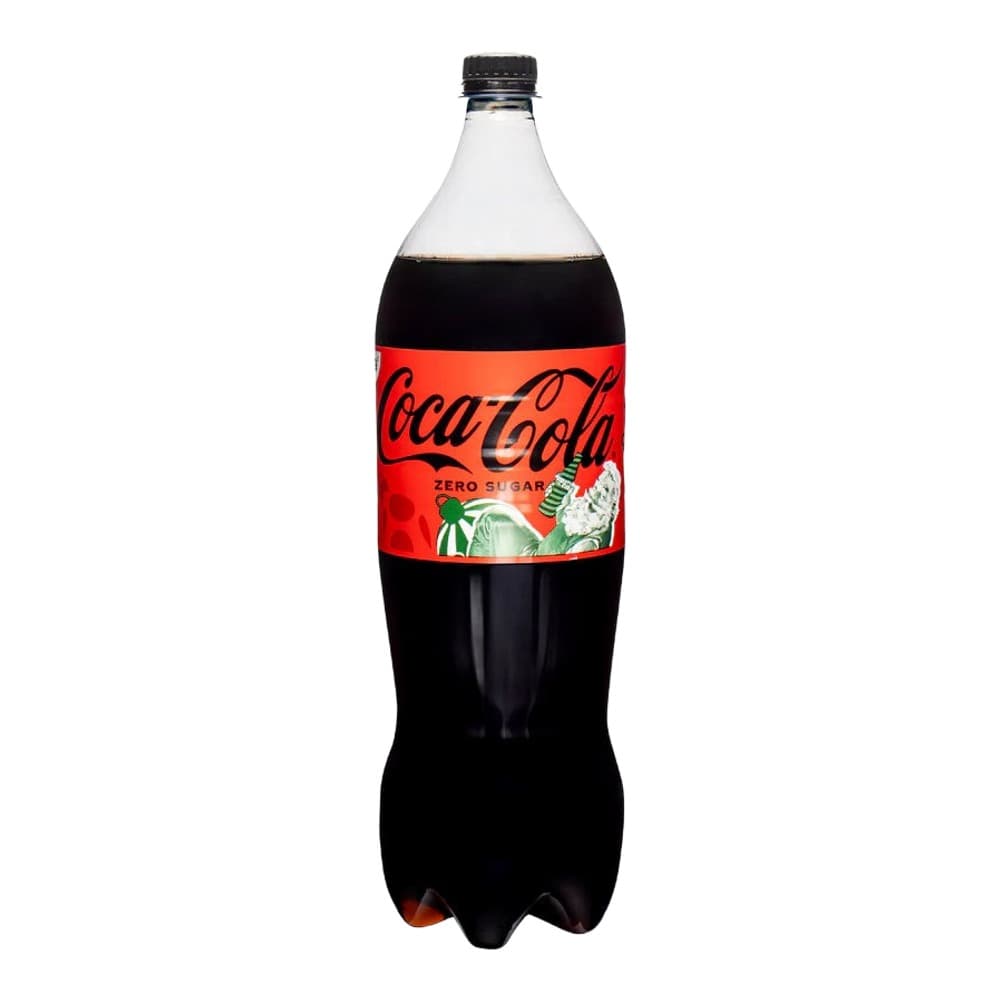 A black plastic Coca-Cola Zero Sugar bottle with red label on a white background.