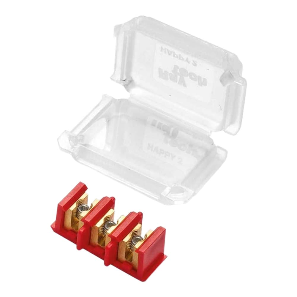 Product pack shot showing a transparent hinged clamshell plastic container above red and brass electrical terminal blocks against a white background.