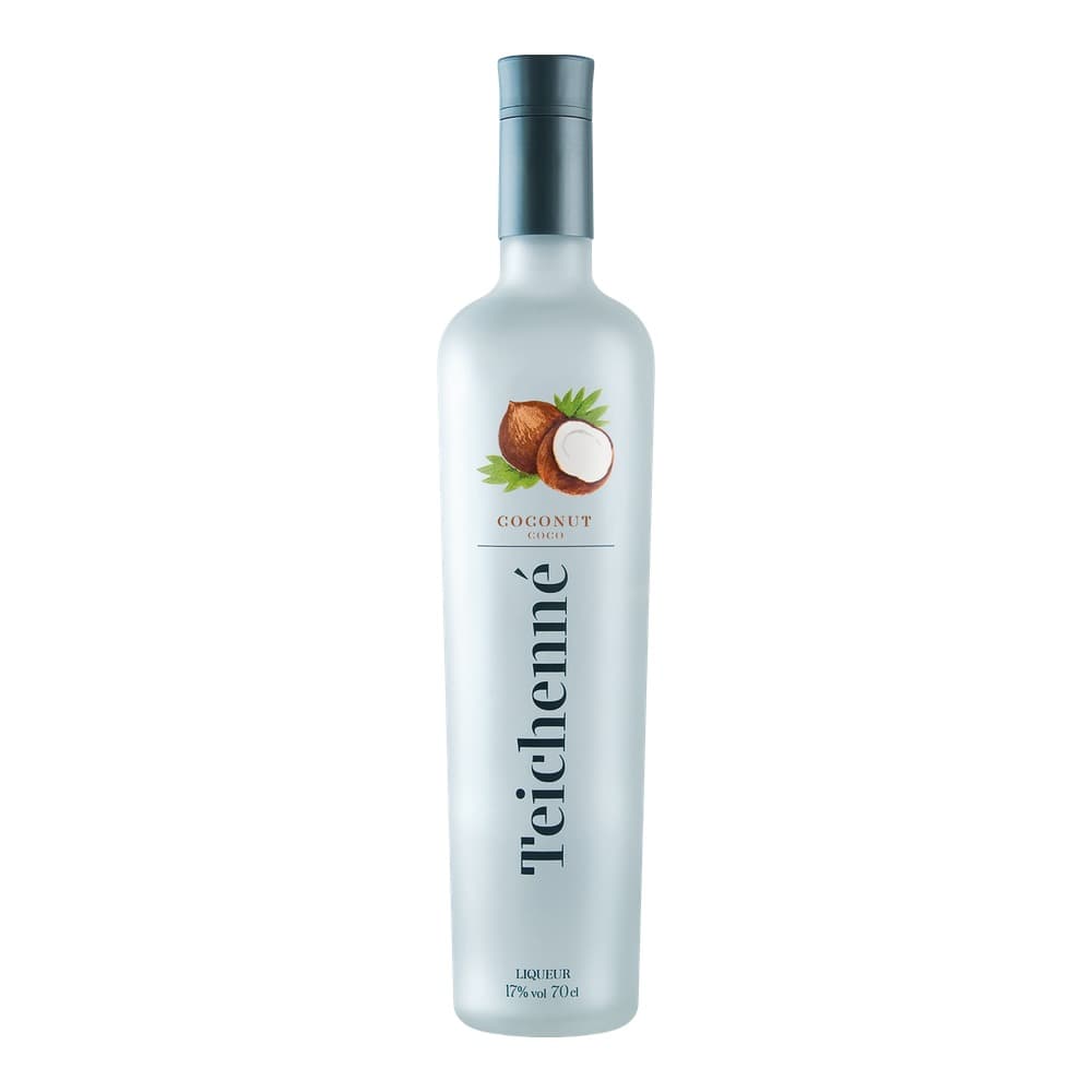 A frosted glass bottle of Teichenne Coconut liqueur with a dark grey cap, featuring a coconut illustration and text on a white label, 17% vol 70cl.