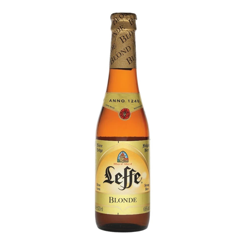 A Leffe Blonde beer bottle with golden label and brown glass, featuring the Abbey logo and brand name on a white background.