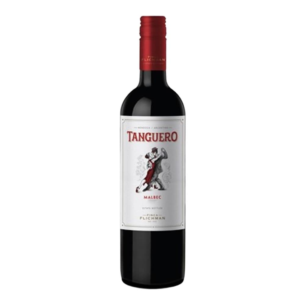 A bottle of Tanguero Malbec red wine with a white label featuring a tango dancer illustration, set against a plain white background.