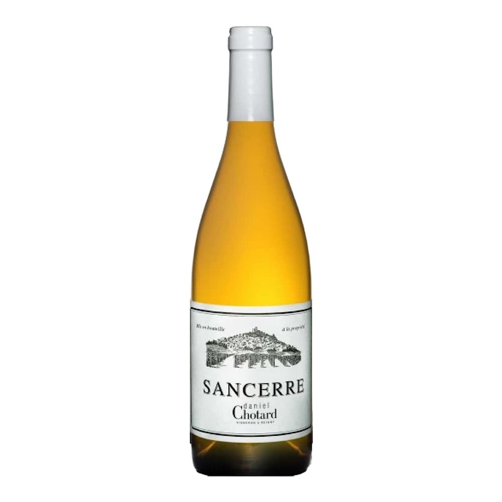 A bottle of Sancerre white wine by Daniel Chotard with golden-yellow liquid, displayed against a plain white background.