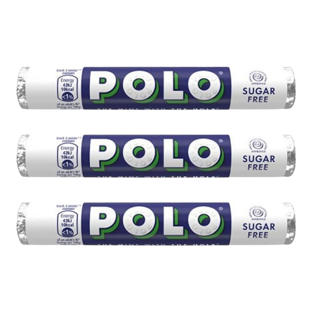 Three rolls of Polo sugar-free mints displayed against a white background, featuring the distinctive white and green branding and 'Sugar Free' labelling.