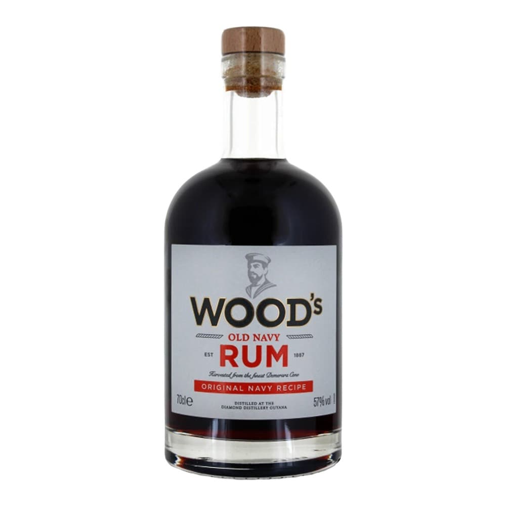 A bottle of Wood's Old Navy Rum with a white label featuring a sailor illustration, wooden cap, and dark rum contents, isolated on a white background.