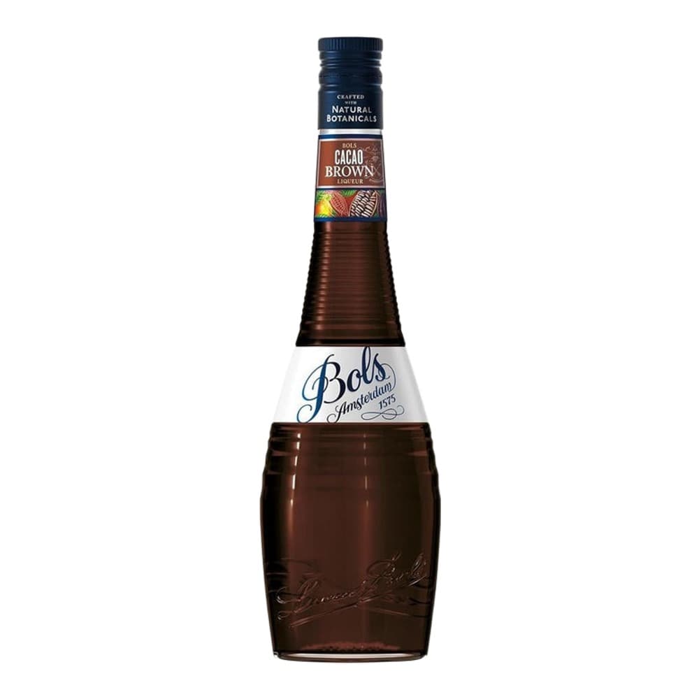 A bottle of Bols Cacao Brown liqueur with natural botanicals, featuring a dark glass bottle with a white label and navy cap, photographed against a white background.