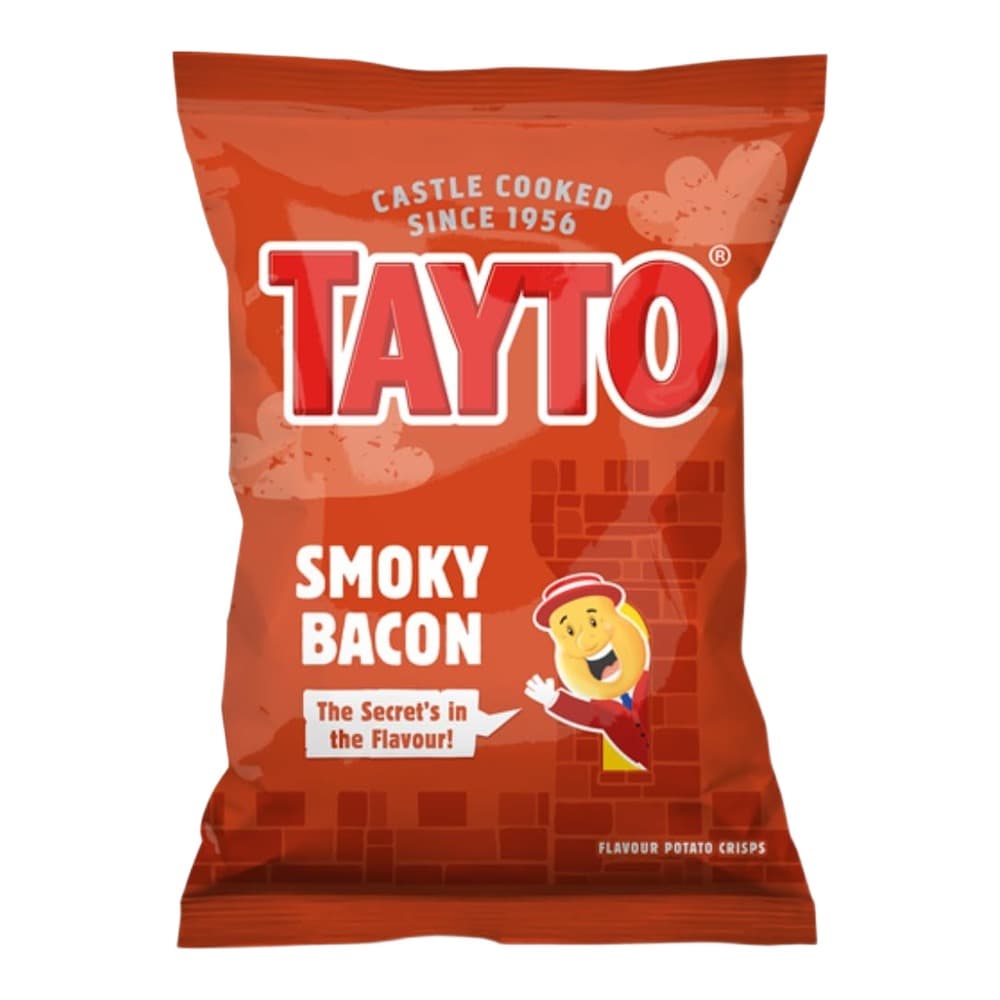 A red packet of Tayto Smoky Bacon flavour potato crisps with the brand logo and a cartoon mascot on the front against a white background.