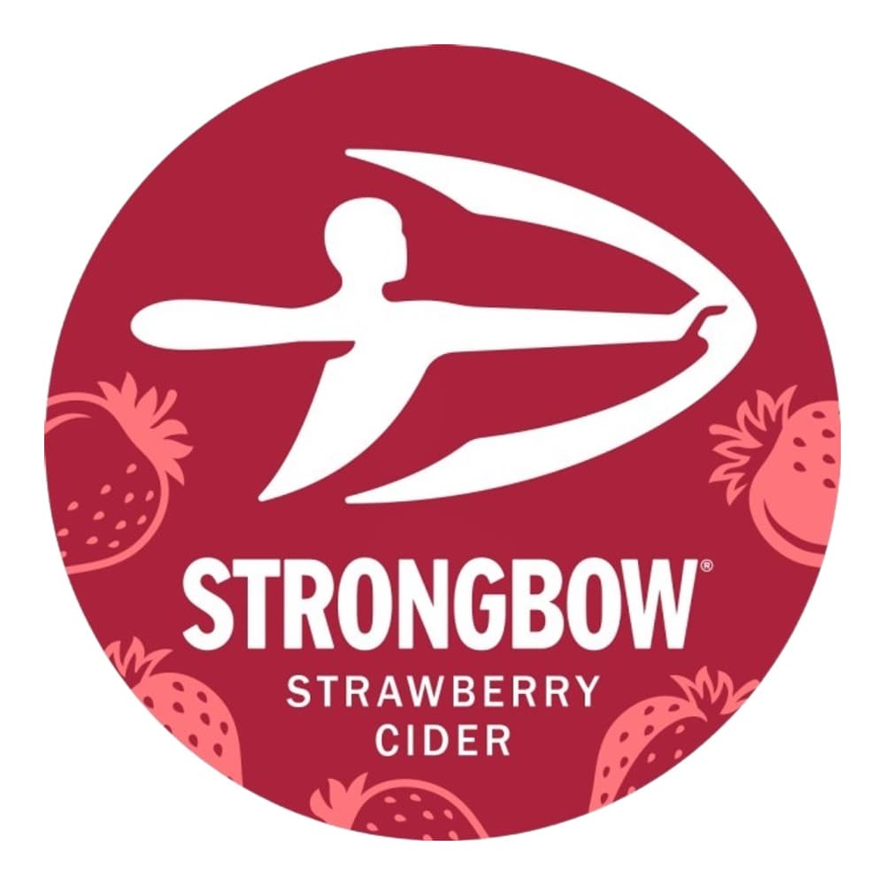 Circular label for Strongbow Strawberry Cider featuring a white archer silhouette on a burgundy background with pink strawberry illustrations and white text.