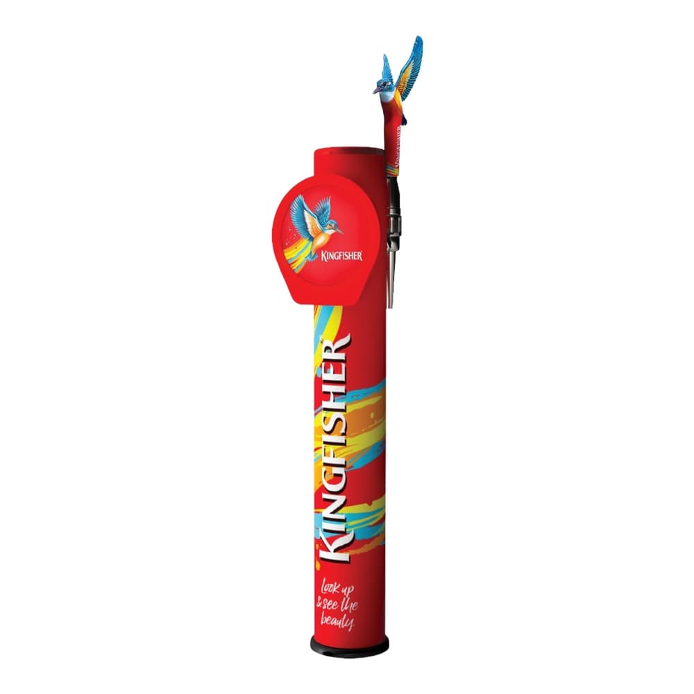 A red Kingfisher beer bottle displayed against a white background, featuring a vibrant kingfisher bird illustration and a decorative bird-shaped bottle topper.