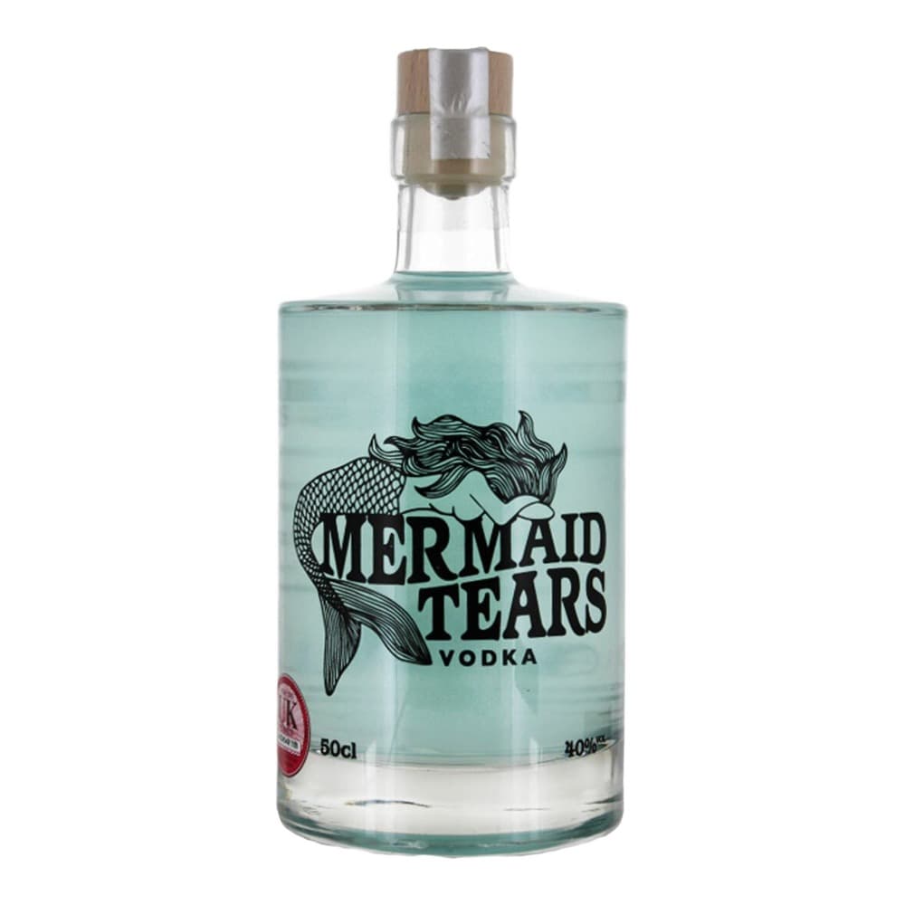 A 50cl bottle of Mermaid Tears vodka with a light turquoise liquid, featuring a mermaid illustration and black text on the label, against a plain white background.