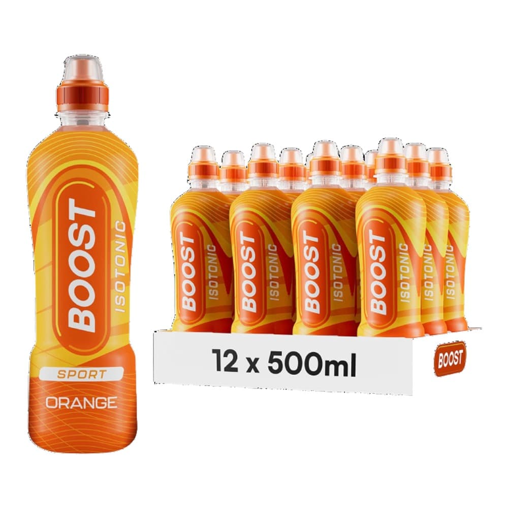 Boost Sport Orange flavoured isotonic drink displayed as a single bottle on the left with a multi-pack of 12 x 500ml bottles on the right, against a white background.