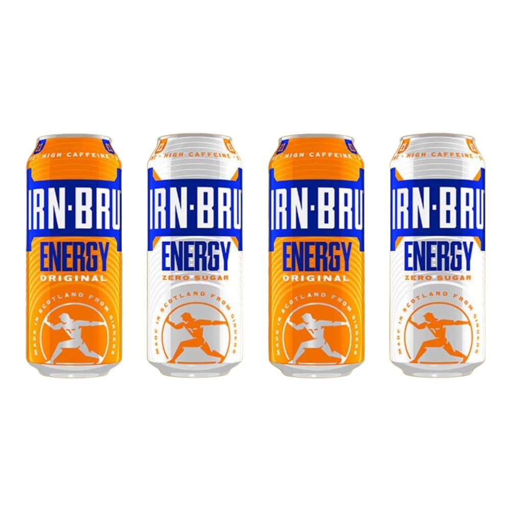 Four Irn-Bru Energy drink cans arranged in a row, showing orange original and white zero sugar varieties against a olive-green background.