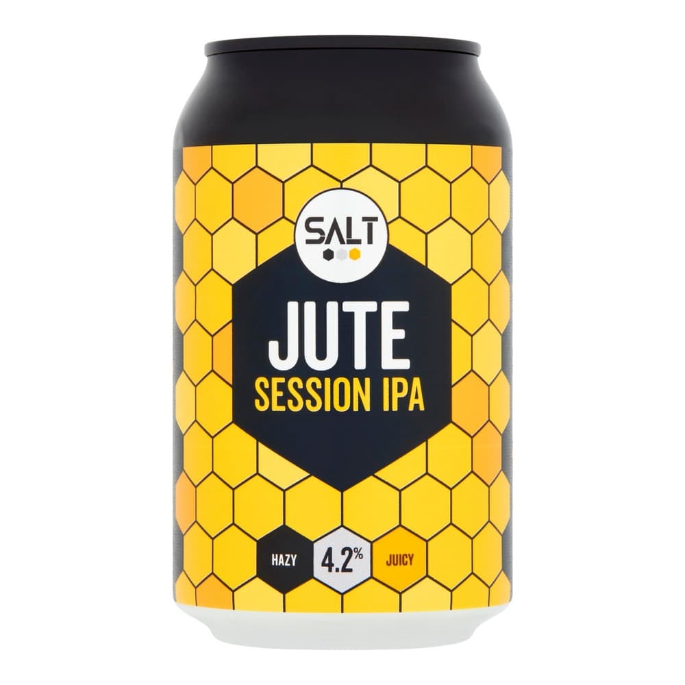 Black and yellow hexagonal-patterned beer can with Salt brewery logo and Jute Session IPA branding, 4.2% alcohol content