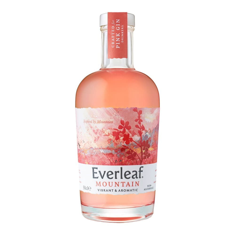 A 50cl bottle of Everleaf Mountain vibrant and aromatic non-alcoholic spirit with coral-coloured liquid, featuring a floral-patterned label inspired by mountains, displayed against a white background.