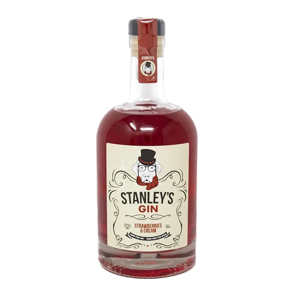 A bottle of Stanley's Gin featuring strawberries and cream flavour, displayed against a white background with a cream-coloured label showing an illustration of a character wearing a top hat and red scarf.