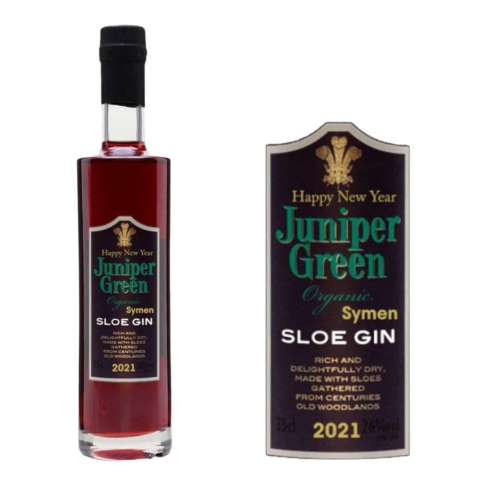 Pack shot of Juniper Green Organic Symen Sloe Gin 2021 showing the full bottle with black cap and the product label on a white background