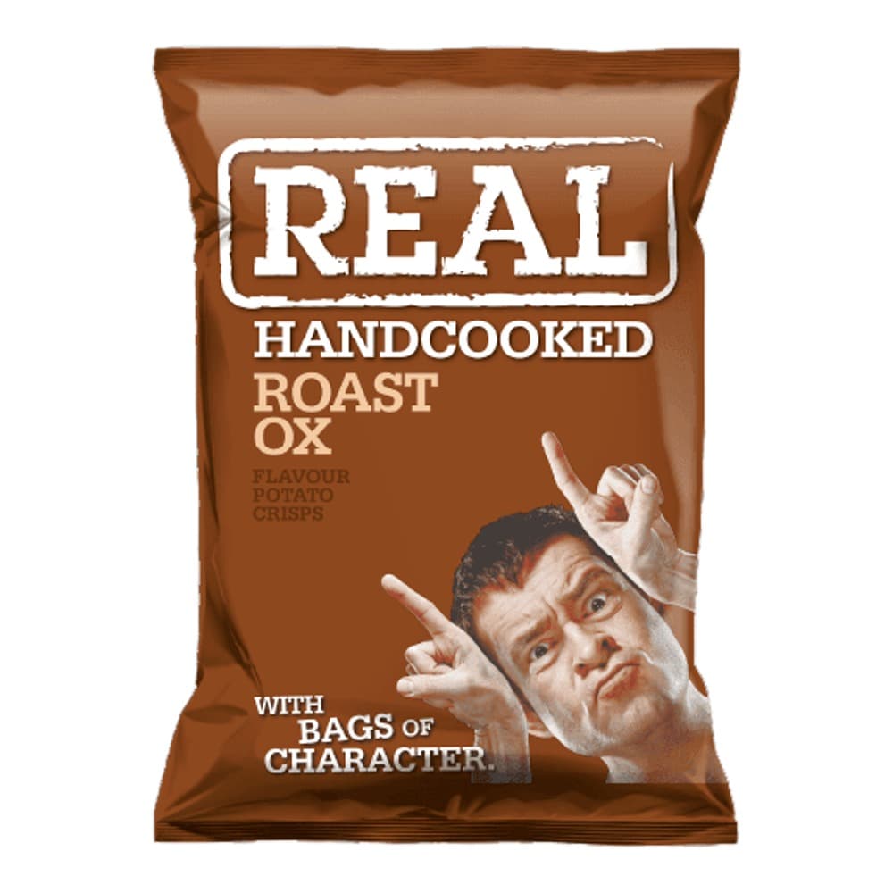 A brown packet of Real brand handcooked roast ox flavour crisps featuring a man's face and text highlighting the product's character and flavour.
