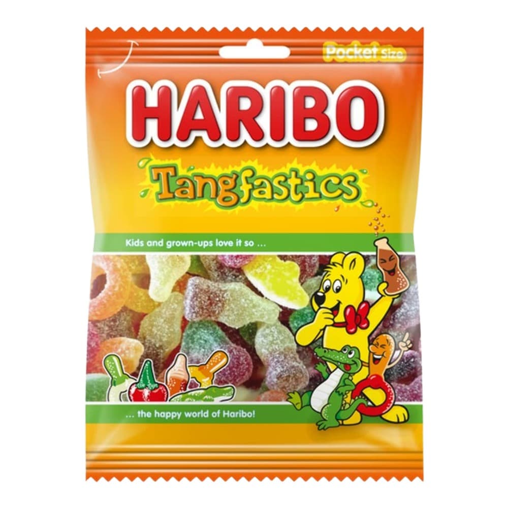 Haribo Tangfastics sour gummy candies in a bright orange and yellow pocket size packet with colourful candy imagery and cartoon mascot characters.
