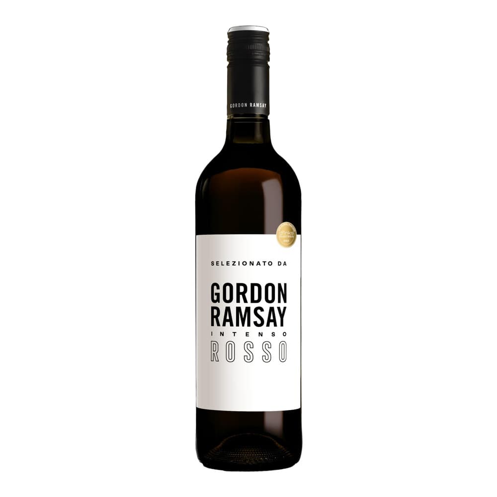 A bottle of Gordon Ramsay Intenso Rosso wine with a white label on a plain white background