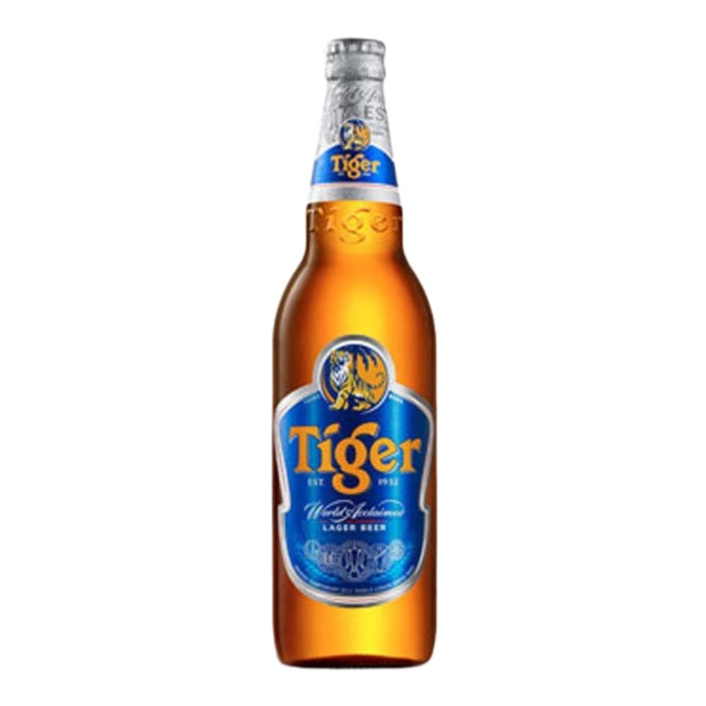 A single bottle of Tiger brand lager beer featuring a blue label with a tiger logo, positioned against a white background.