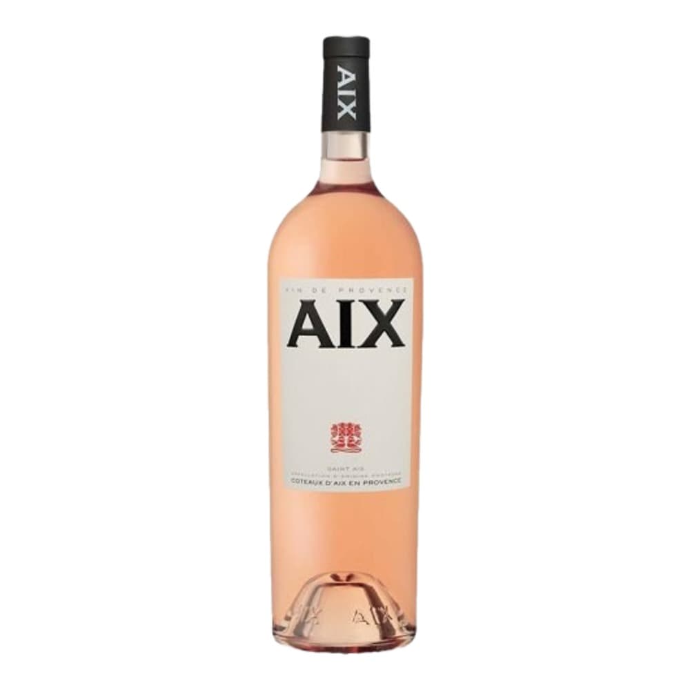 A bottle of AIX rosé wine with a black cap and white label against a plain white background.