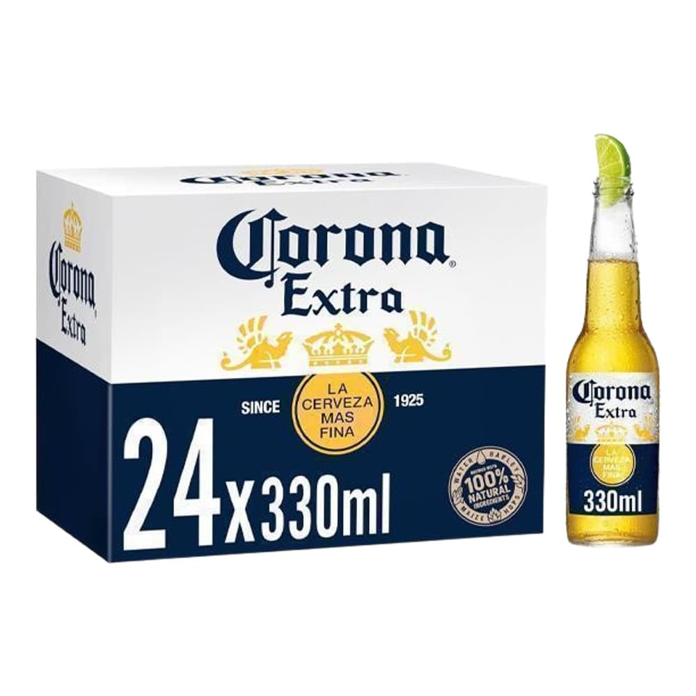A Corona Extra beer 24-pack box displayed with a single 330ml bottle on a white background.