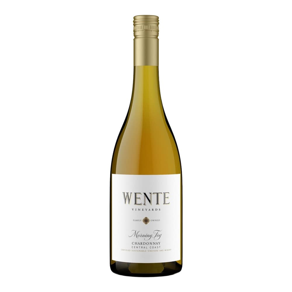 A bottle of Wente Vineyards Morning Fog Chardonnay from Central Coast on a white background, showing the pale yellow wine inside and the gold foil capsule.