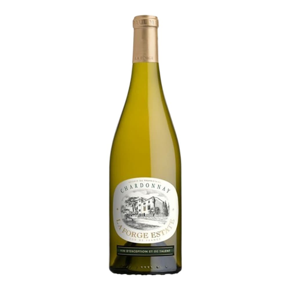 A bottle of Chardonnay white wine with a gold foil cap and white label featuring a château illustration, photographed against a plain white background.