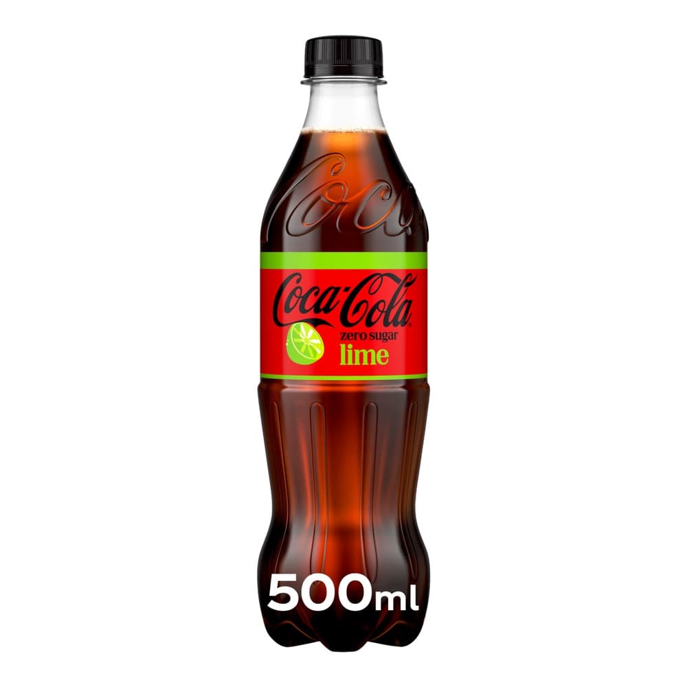 A 500ml bottle of Coca-Cola Zero Sugar Lime with a black cap, red label featuring the Coca-Cola script, and a lime slice graphic on a white background.